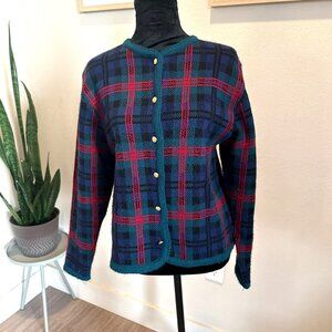 Vintage Crystal Kobe Plaid Knit Cardigan Sweater – Green/Navy/Red – Size M